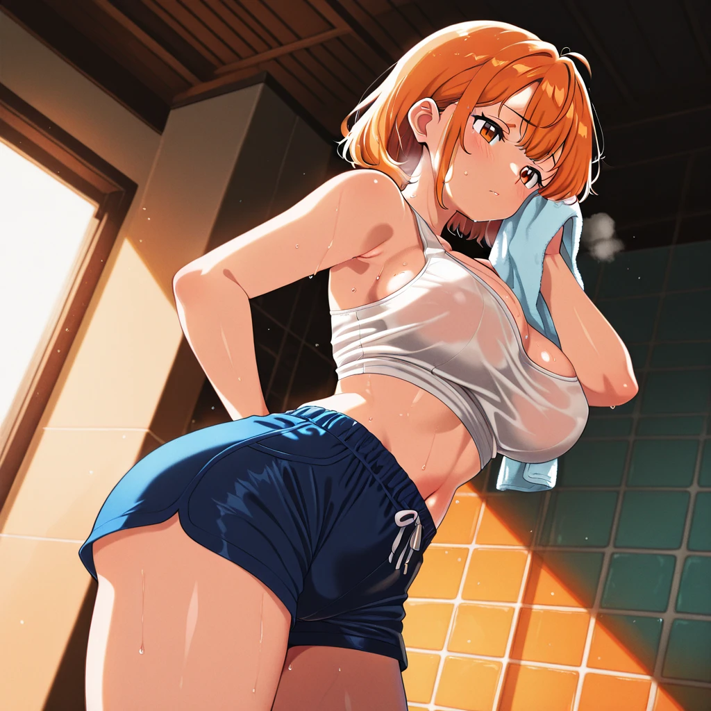 mano_sakuragi_\(idolm@ster\), (kinako_(shiratama_mochi style), detailed background, masterpiece, wearing dolphin shorts, hyper realistic, realistic skin, best quality, 1girl, rooftop, medium breasts, huge nipples, erect nipples, looking at another, topless, full body, vector illustration, nipples, light smile, blunt bangs, short hair, stomach, navel, bare shoulders, light brown hair, laundry, clothesline, sweaty, raining, blue sky, rinsing clothes, doing laundry, stretching, open mouth, resting, maid, wet body, windy, concrete, urban