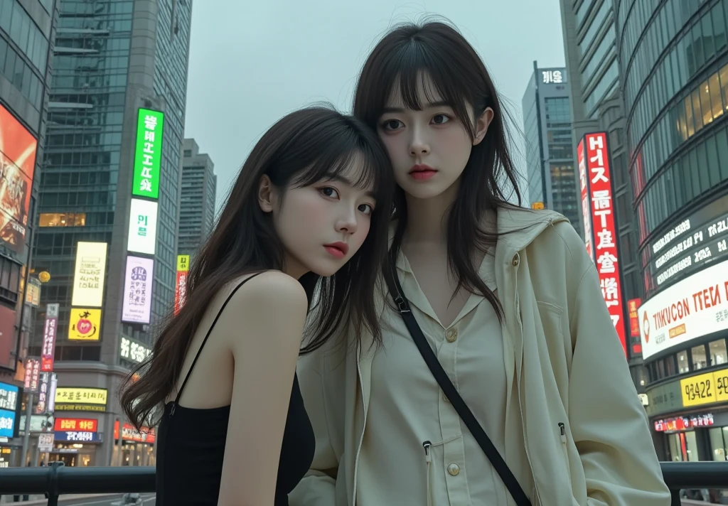 best qualtiy, 超高分辨率, (realisticlying:1.4), Focus:1.2, perfect figure beautiful woman:1.4 , (Streets at night:1.3), Highly detailed facial and skin texture, A detailed eye, 二重まぶた,Whiten skin,(Air bangs:1.3),(with a round face:1.5),(Thin strap top:1.4)