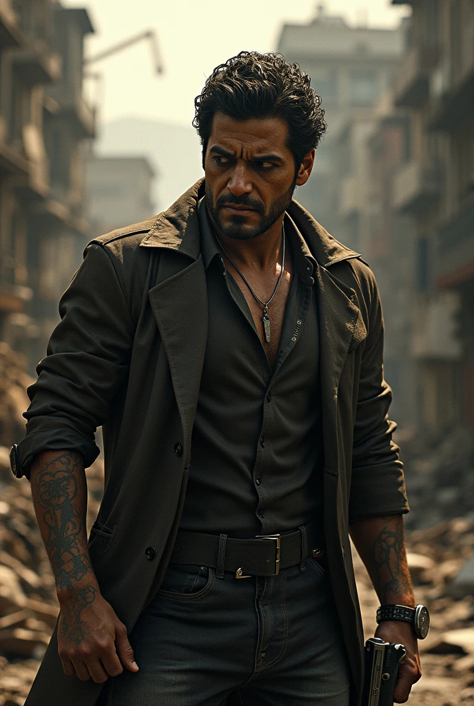 "Describe a Mexican drug lord with a rugged face, chiseled features, and piercing brown eyes. His jet-black hair is slicked back, revealing a faint scar on his left temple, hinting at a tumultuous past."