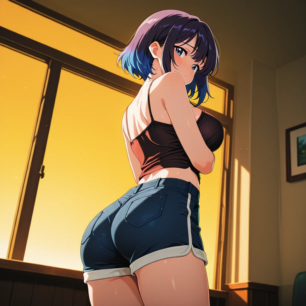 
 blue_hair,short_hair,purple_eyes,hair_ornament,
1 girl, 20yo,mature female,Beautiful long legs,Beautiful body,
NSFW, Back view, , big , without clothes, underwear, ass, big ass, ass, anus, anal, anal sex, after anal, cum in ass, cum on ass, cum on face