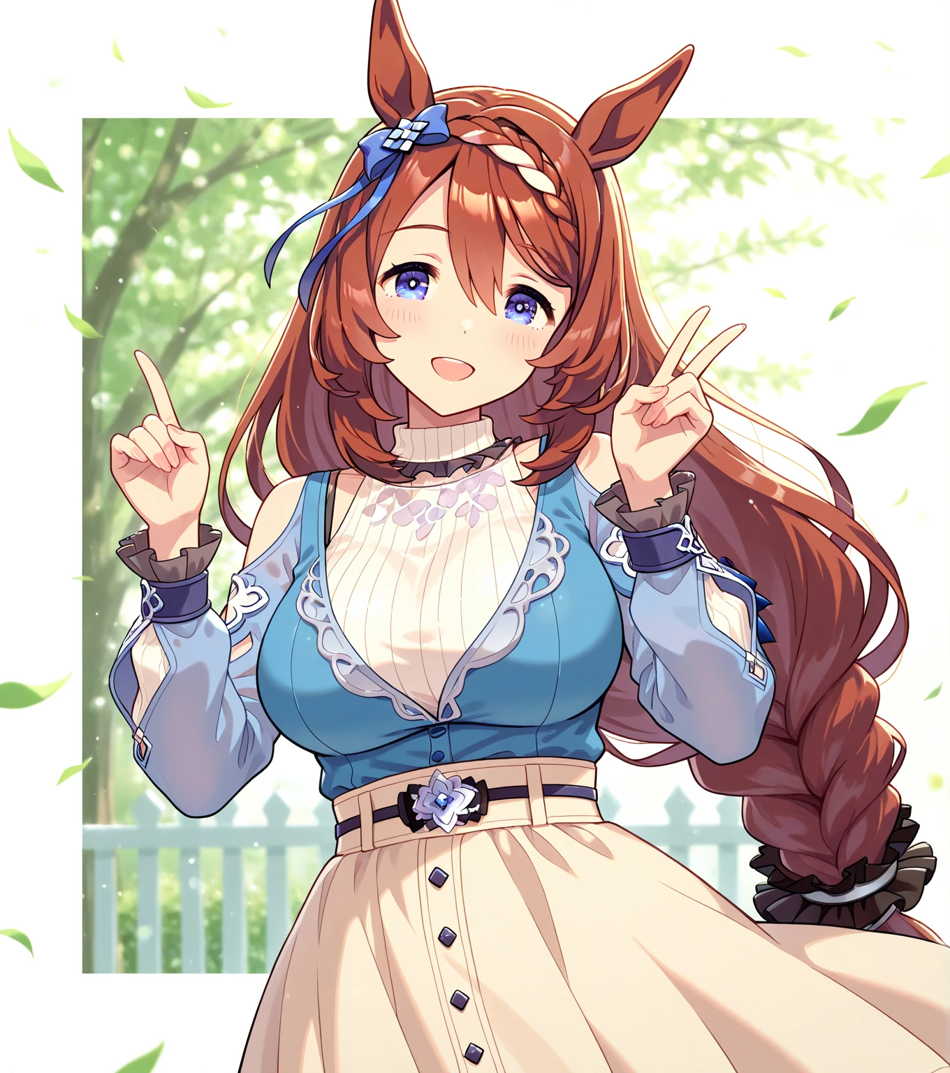 masterpiece, best quality, highres, aarurufu, animal ears, long hair, brown hair, hair flower, white flower, frills, neck ribbon, fox tail, cleavage, black shirt, sleeveless shirt, clothing cutout, midriff, black gloves, white skirt, <lora:hizuki_rurufu_v1:0.7>, smile, open mouth, hand on hip,