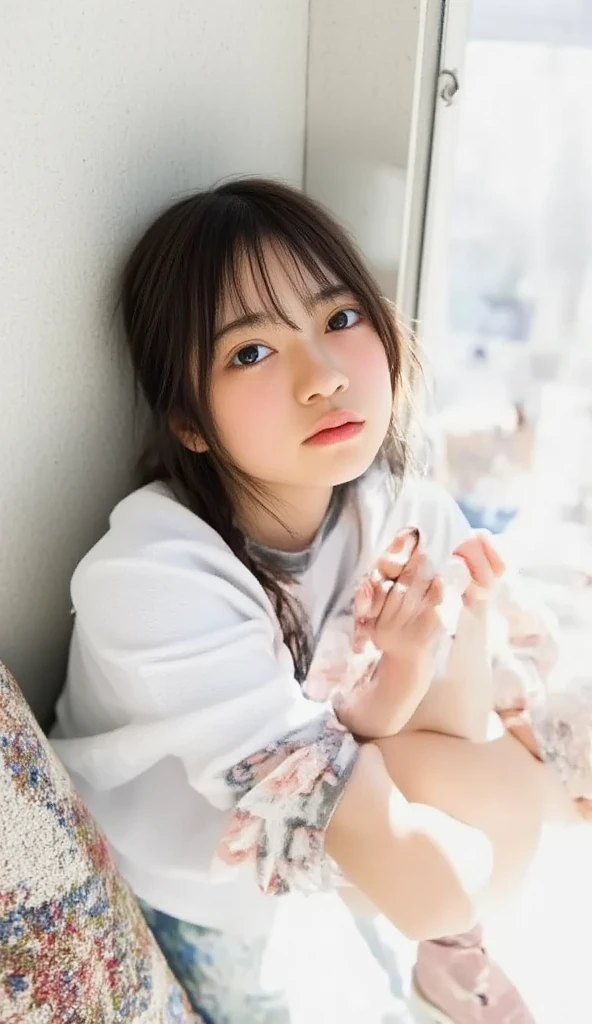 ((sfw: 1.4)), detailed face, cute face,brown eye, master piece , best quality, matured woman face , squatting , blouse , japanese , room , indoor