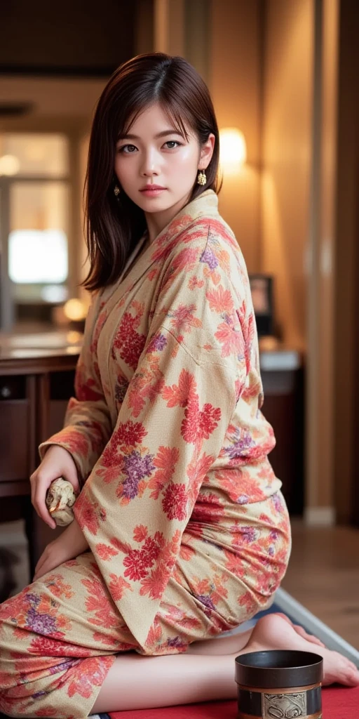 short ponytail、(((Accentuate your beautiful thighs)))、((See-through fabric allows you to see the thin dark pubic hair))、(((mascara、Long false eyelashes、Eyeshadow、Bright red lips)))、(((Thighs are visible:1.5)))、(((Both shoulders are visible)))、(((Sexy see-through yukata)))、A cute 20-year-old Japanese idol、(((Her bare skin is visible through her yukata.)))、(((Transparent yukata)))、(One young girl)、Very cute face、Great face and eyes、(Highly detailed eyes、Highly detailed face)、Fresh、Very beautiful appearance、(超Realistic、High resolution)、(Highest quality:1.4)、Raw photo、(Realistic、Photorealistic:1.37)、Professional photos、(A pale pink transparent leopard print yukata that reveals a little skin:1.5)、(Open yukata)、(Cleavage:1.2)、(Exposed shoulders)、Smile slightly、(Staring at me)、(((A crowded food stall at night)))、Girl portrait、(((I'm not wearing underwear)))、Big Breasts、Cleavageを強調、Shiny skin、It's hot and humid and I'm sweating、A yukata that clings to the skin