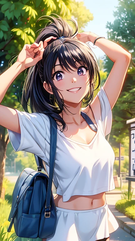A girl with a cute smile, wearing a white t-shirt and shorts, standing in a grassy field with a blue sky in the background.