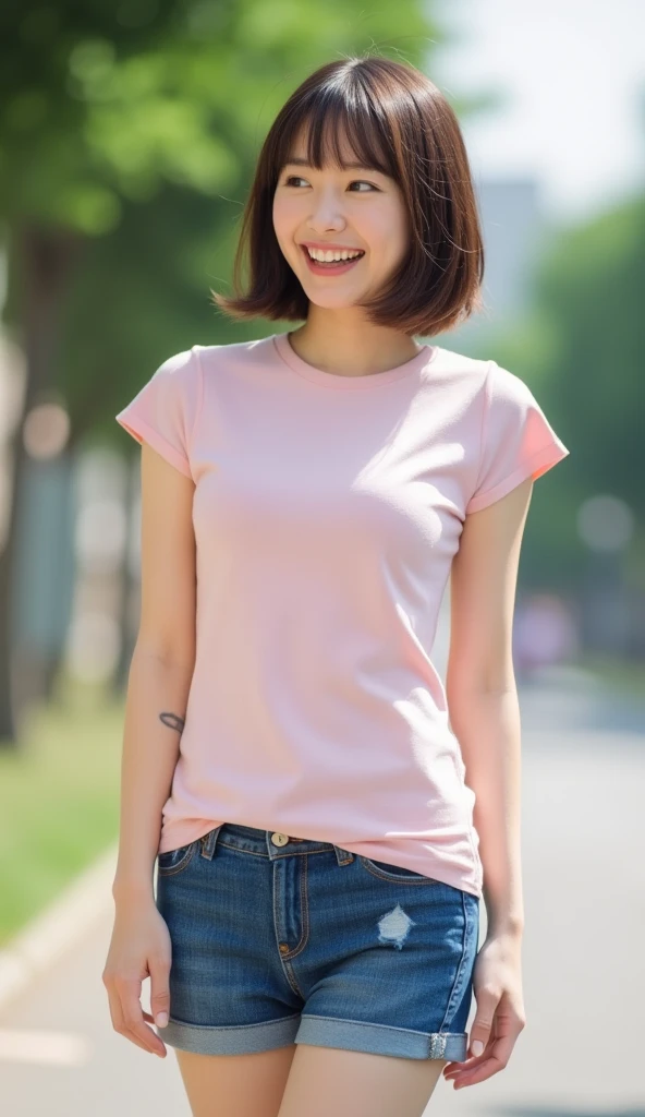 (8k,RAW photo、RAW photo、highest quality、master masterpiece:1.2)、super detailed、super resolution、(Photoreal:1.3)、Angle taken from the front、Clearly depict the shadows of light、High resolution RAW color photos、professional photos、Same skin type as humans、Japan female proofreading from head to waist、blur the background、I draw it faithfully to the anatomy.、City of night、very detailed and beautiful、Super high quality、length、Brown hair fluttering in the night breeze、Her hair is swinging and sexy、short hair、Highly detailed beautiful girl、(pink eyeshadow)、smile、private server、white t-shirt、jeans、whole body、sexy shot looking at camera、