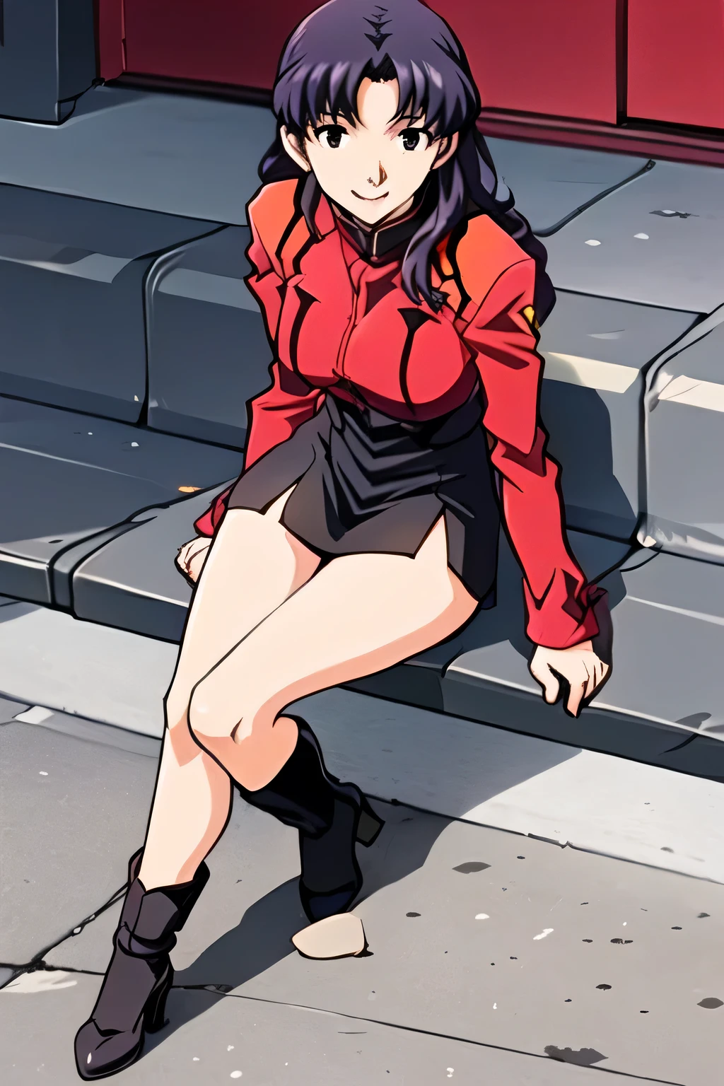 Can you draw a figure sitting on a bench,alone,park bench、a woman with long dark hair,A woman with a lovely smile,big ,big でもウエストが細い,face is absolutely necessary,please describe her hands and feet accurately,uniform miniskirt,high heels, city tour , Walking Alone ,please draw a more delicate expression,Animated CG,