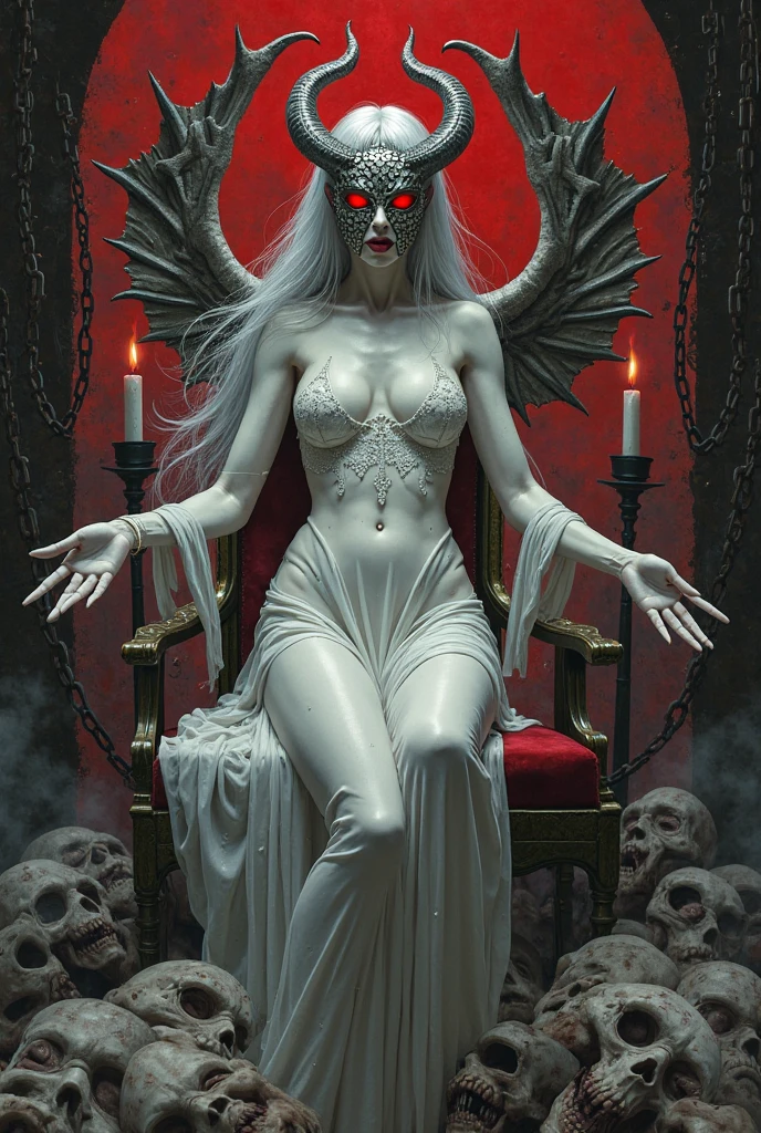 painting of a (muscular woman demon) with black veins in hell, pale skin, White hair, epic, intricate, details, fire in hand, (in white clothes:1.2), dynamic pose, dramatic,
long fingers, (a huge hall with a throne, polished floor background:1.2). a model pose, cinematic scene, volumetric lights, ultra realistic, in the style of nicola samori