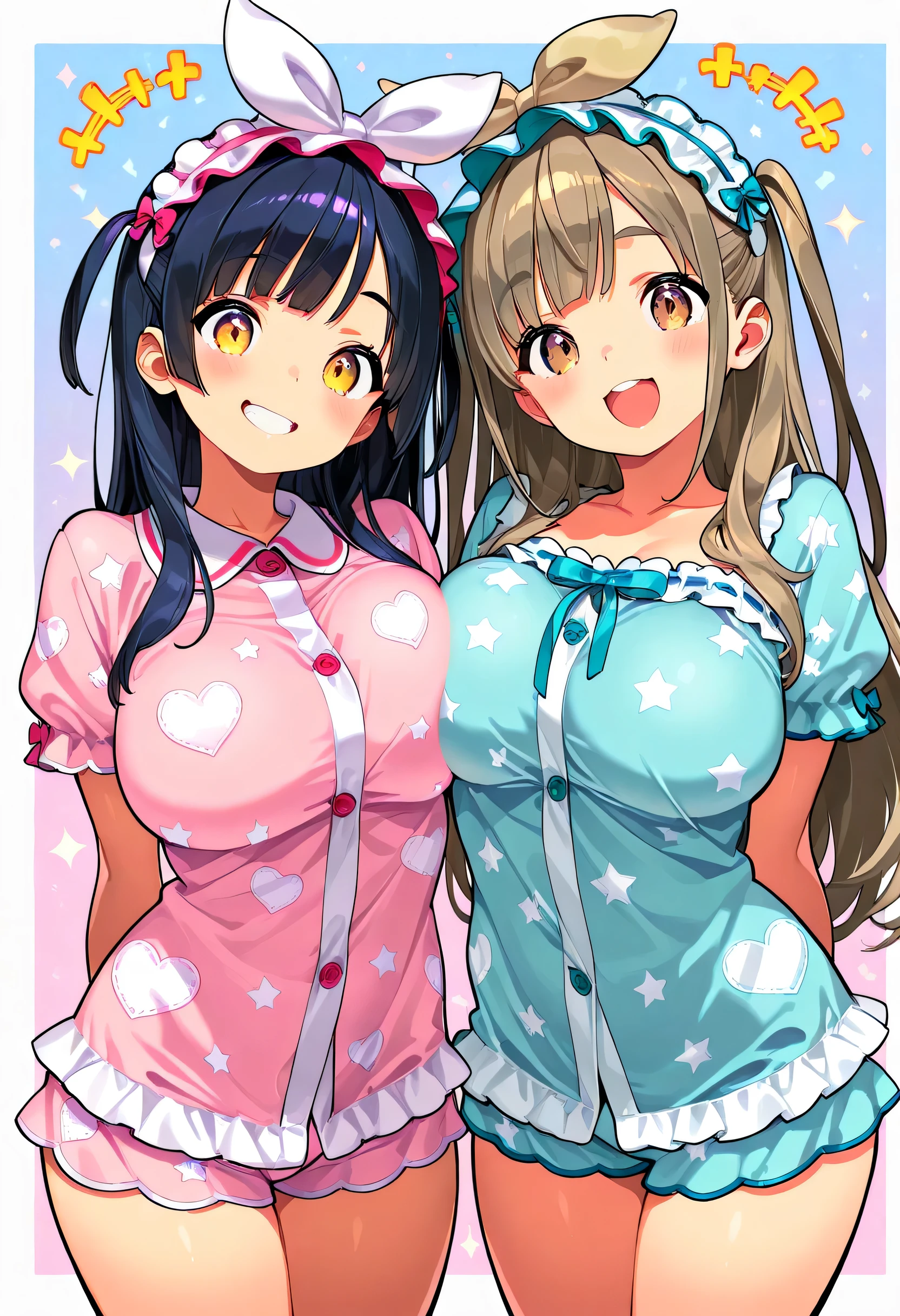 niece、2girls、(design、Pattern、They are each wearing cute pajamas)、(cute and sexy nightwear(((Praise each other)))are so excited)、(popな背景)、large breasts、standing figure