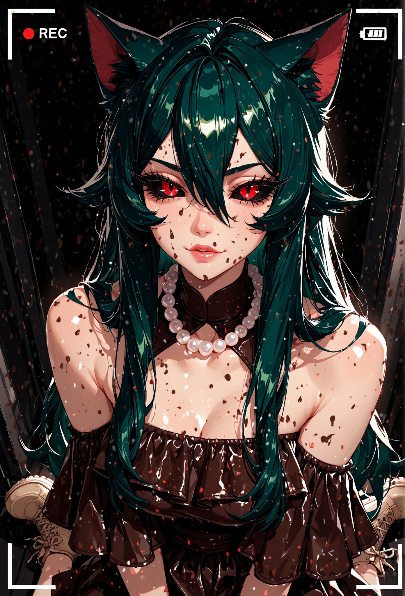score_9, score_8_up, score_7_up, score_6_up, score_5_up, source anime, BREAK, (dark-skinned female), (angel wing), dark skin, 1girl, red eyes, very long hair, gradient hair, teal hair, green hair, messy hair, wild hair, smile, closed mouth, solo, eyeliner, fantasy landscape, ((horror)),  bare shoulders, looking at viewer, (cowboy shot),  uncensored, androgynous, (small breasts), (green gown), <lora:LFashionPDXL:0.95> , zzLFashion, frills, bow, dress, pantyhose,   <lora:Nora2:0.4>