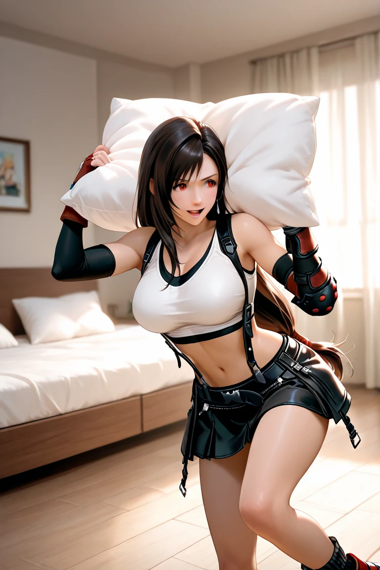 animetoreal,soft light, masterpiece, best quality,high quality,delicate face, realistic,1girl,full body, lying,tifa lockhart, final fantasy, white crop top, elbow pad, fingerless gloves, suspenders, pencil skirt, white tshirt, sexy look, short skirt, miniskirt, pencil skirt,botanical garden
