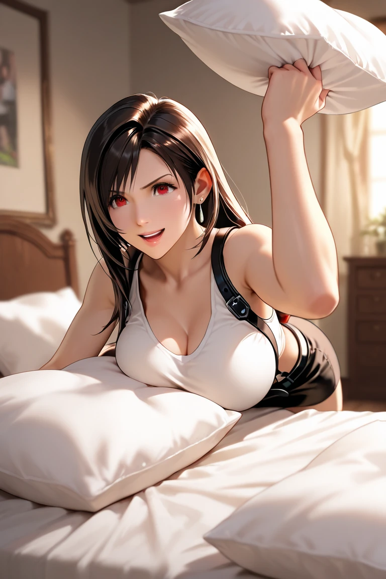 Tifa naked in a bed, whole body, pose sensual, round ass, big breasts and light brown eyes. 8k, Best Quality, masterpiece 1.2