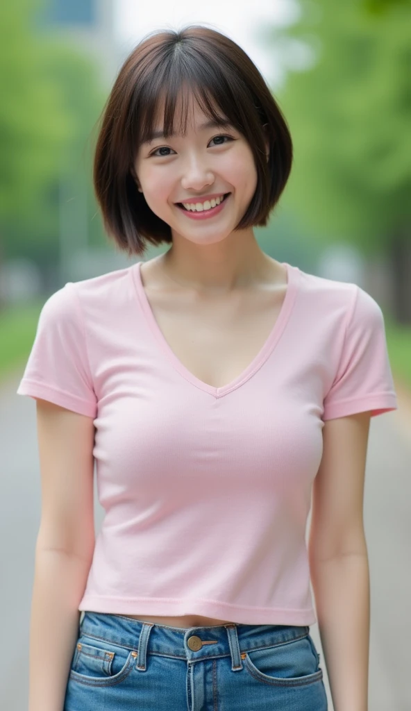 (highest quality,8K quality,masterpiece:1.3),(ultra high resolution,Photoreal:1.4,RAW photo),(Super detailed,caustics,detailed background),(ultra-realistic capture,Fine and beautiful skin,perfect anatomy),The background is the city,The background is Shibuya,snap shot,18-year-old,cute,single eyelid,black short bob,bright colored short sleeve t-shirt,hot pants,look at the camera,laughter,big breasts,natural soft light