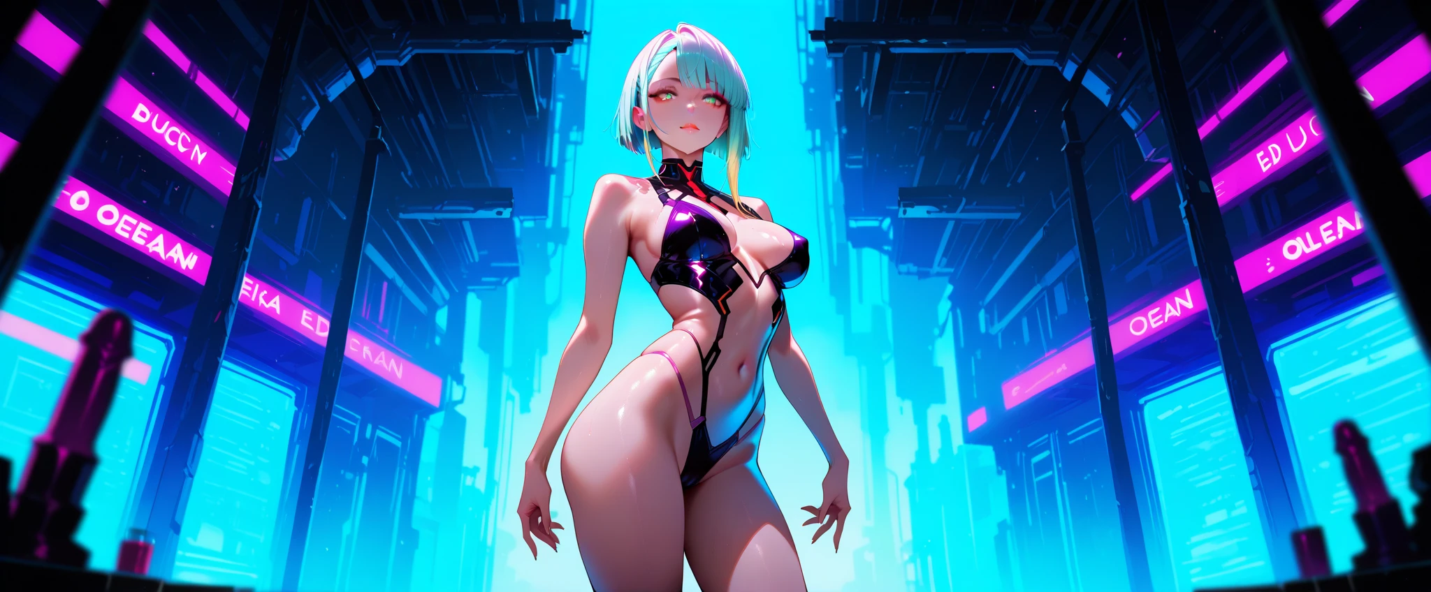 1 girl, solo, Beautiful figure (Proper Anatopy, Slim, Slender figure, shapely legs, Anime style, white colored hair, Bob hairstyle, Very detailed face, Very beautiful face, Beautiful slim figure, femininity,masterpiece, Lucy, cyberpunk edgerunners, showing armpits and pussy half naked, (((showing armpits))) neon background city.