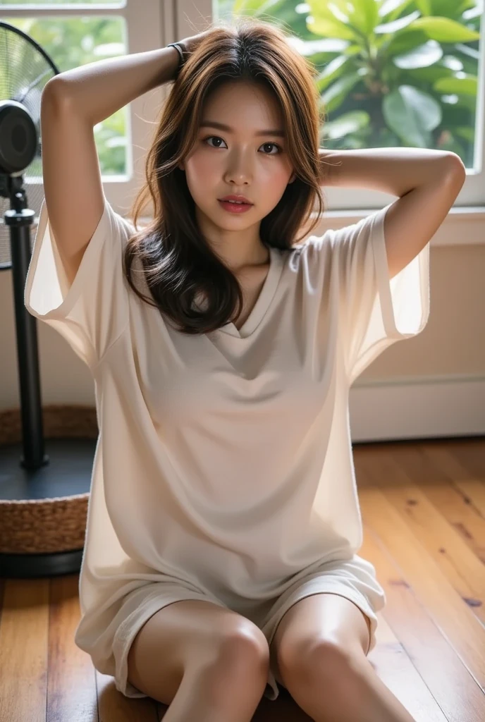 There is a woman sitting with her hair pulled back., White long sleeve T-shirt、下半身はWear nothing、Sitting on the bed、shikamimi, Korean Girls, sakimichan, beautiful south Korean women, Korean women, Yoshitomo Nara, For whom?, harumi, Short hair, Park Jimin, Choi Hong-hwa, narumi kakinouchi、Semi-long hair、Loose and fluffy hair、Perm、breeze、Bedroom、Wear nothing、No underwear、Open clothing、Angle from below