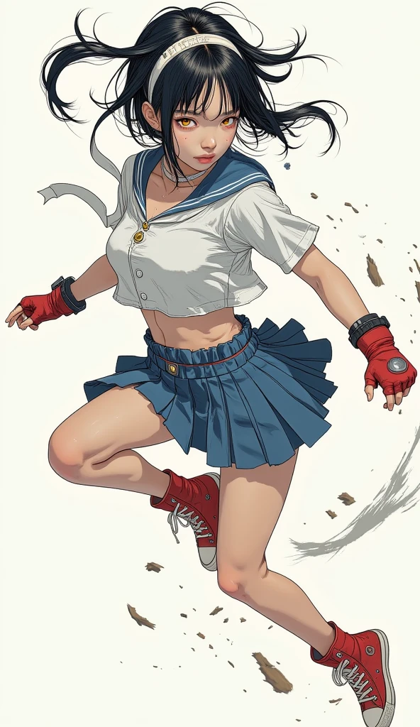 Sakura Kasugano jumping open thighs, bashful,white panties,shoot from below,Short black hair,ankle socks, blue skirt, crop top, headband, midriff, miniskirt, navel, sailor collar, , shoes, short sleeves, skirt, sneakers, socks, stomach, shirt, white shirt, white headband, gloves, red gloves,school sky,