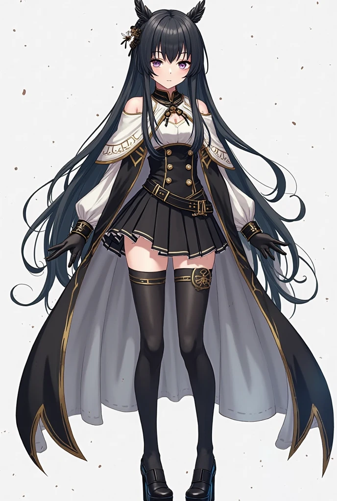 ((masterpiece))、((Highest quality))、Full-body wide-angle、(solo)、Manhattan Cafe,Manhattan Cafe(Racing wear),、White Ahoge, (Long black hair)、Long black bangs between the eyes,,、Black horse ears、Horse tail、Yellow eyes without highlights、(((Small breasts)))、((Black long coat))、((Black Shirt))、 ((Black Panties))、Black gloves、Yellow tie、belt、Mouth closed、Black tights、Exposed thighs、Cameltoe、Garter Stockings