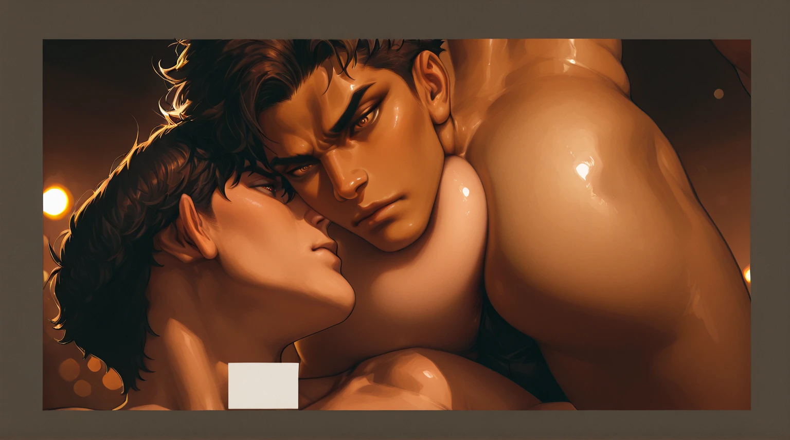 (2heads), one 28 year old man with handsome physique, brown hair, stubble, shirtless, suggestive pose in bed, naked