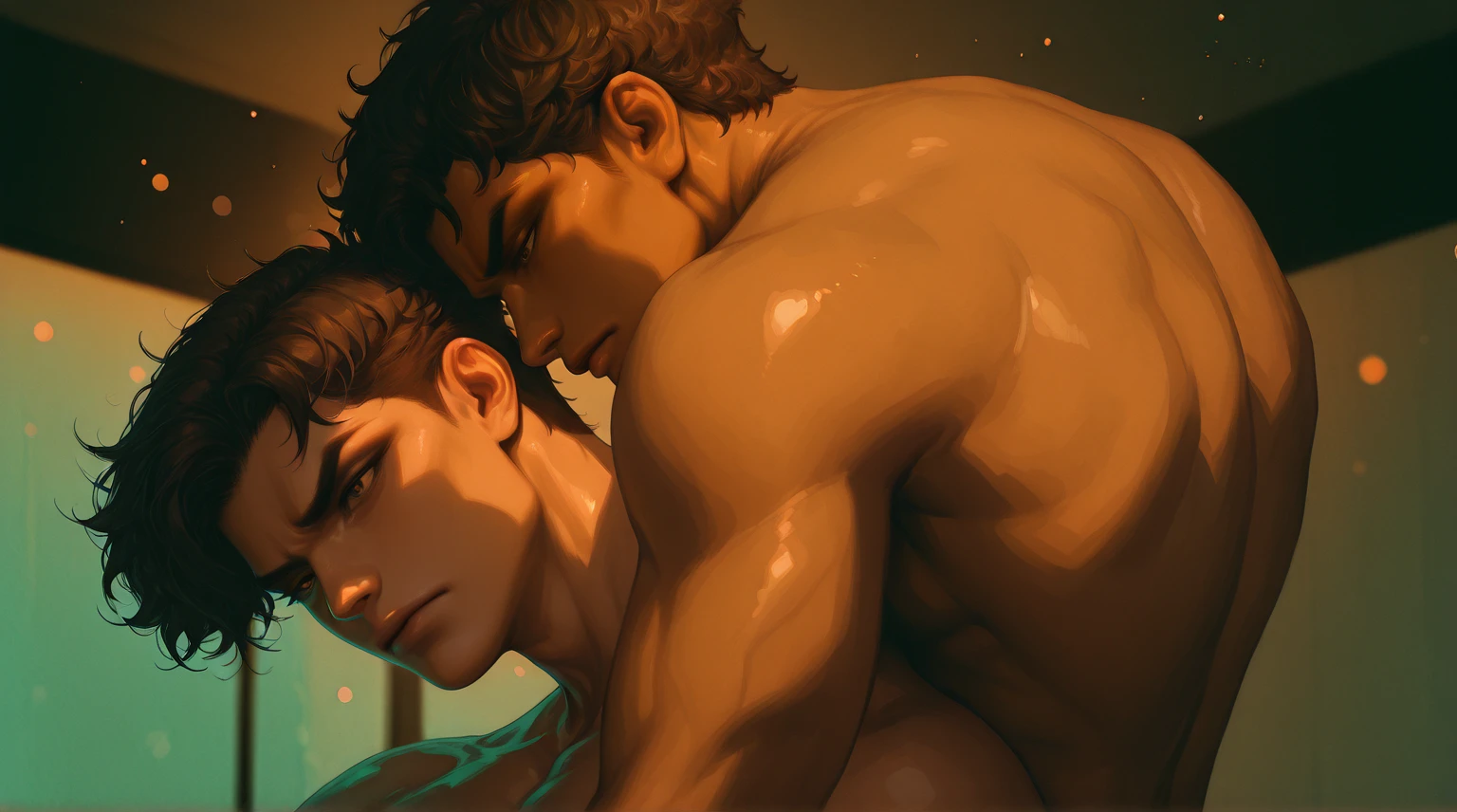 (Masterpiece Anime Style, 8K, CG Unity, Wallpaper State-of-the-art)
Lying down in a restful pose, legs apart and tanned bodies glistening with an oily sheen, two muscular men are depicted in this intense scene. Their pectorals are well-defined and rippled, with one man's broad chest prominently displayed.
Their eyes are big and closed, a testament to their pleasure, set against a backdrop of dark, wavy hair that cascades down their backs. The men's bodies are bare, their skin shiny and slick with soap, and a drop of liquid can be seen dripping