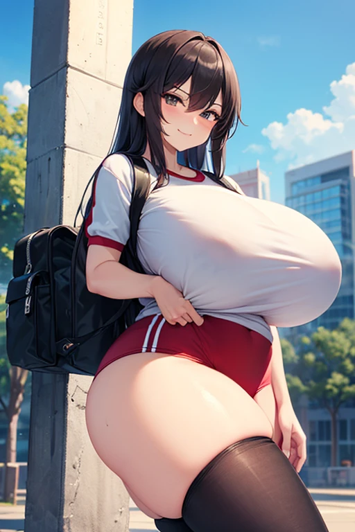 masterpiece, highest quality, High resolution, 1 girl, alone, (((Huge busters))), Brown Hair, Brown eyes, short hair, ponytail, Hair between the eyes, Floating Hair,, Are standing, Wear sneakers, whole body, wearing Backpack, school Backpack, (Backpack:1.1), sunlight, Daytime, garden、Buruma, Bloomers(Old Japanese Gym Uniform)