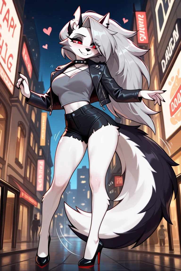 zackary911, by zackary911, anthro, lycanroc, hellhound, ((dark grey fur)), female, solo, 1woman, ((very small breasts)), ((tiny breasts)), leather shorts, husky tail, ((shaggy hair)), ((short white hair)), on e621, choker, leather collar, detailed body, punk style, red sclera, white pupils, digitigrade legs, inviting viewer, ((tube top)), ((mad max jacket)), shoulder pad on right shoulder, street scene, ((fully clothed)), ((thicc thighs)), digitigrade legs