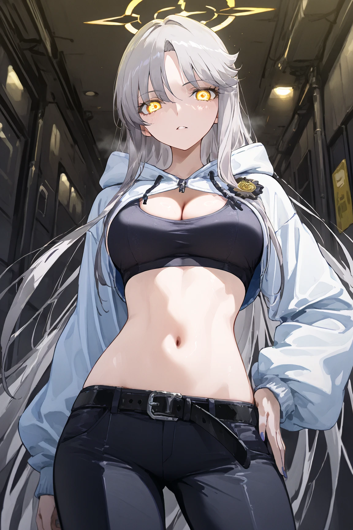 young girl, short gray hair, high ponytail, silver eyes, White leather fur coat, open belly, open breasts, Shorts, Masterpiece, hiquality