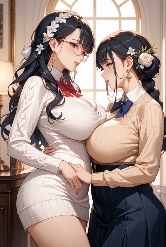 2heads, a tall thin woman with 2 heads. She has enormous breasts. She is wearing business attire. She is in an executive office. Laying on back, laying on desk. Straddling viewer, having sex with viewer. She has enormous fat breasts. She looks nerdy. Large circular glasses. She is smiling wide. She looks drunk. She has messy hair. She has giant hard nipples. She has gigantic fat breasts. She is very tall and thin. She looks young. Blushing, aroused. Drunk, intoxicated.