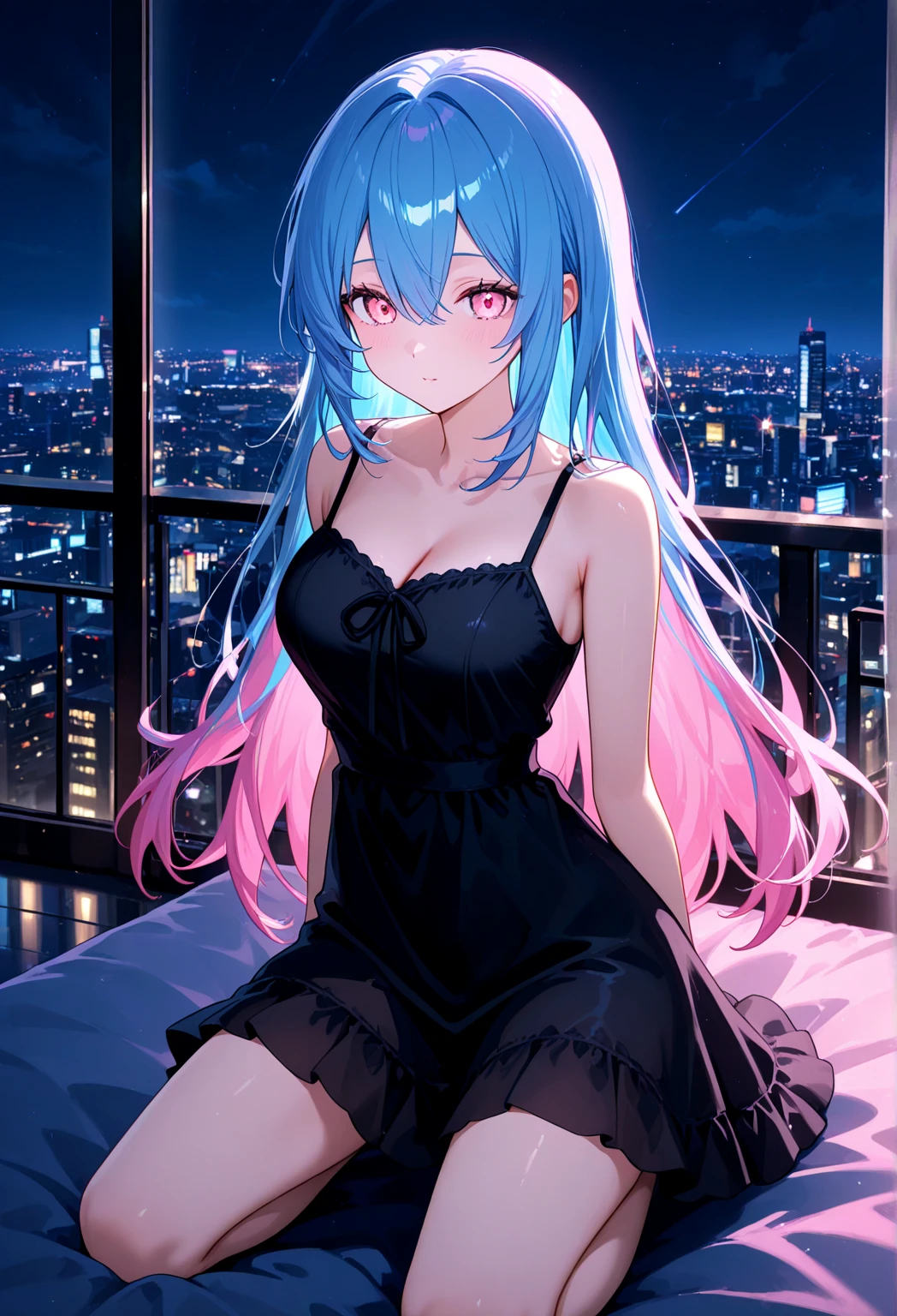 NSFW,masterpiece,Highest quality,High resolution,Super detailed,Shiro \(no game No life\),Long Hair,Multicolored Hair,Hair between the eyes,Gradient Hair,Yellow Eyes,Flat Chest,High-quality sexy lingerie,See-through,Love Hotel at Night,Embarrassed,blush
