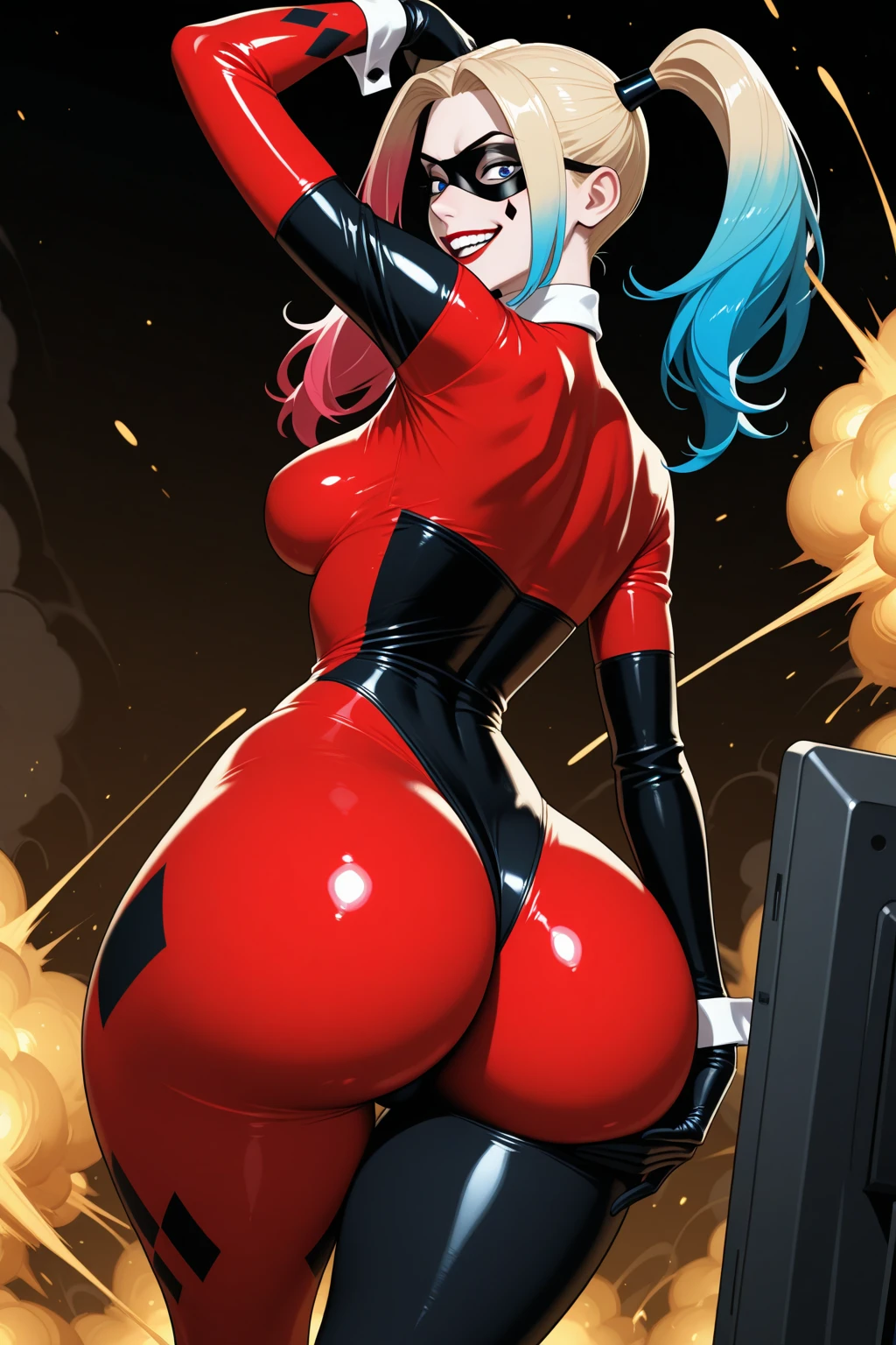 HD, high quality, high resolution, ultrahd, solo, 1female, Harley Quinn, wearing black eyemask, jester outfit, massive fart, yellow smoke, velocity, viewing ass, huge ass, embarrassed, smiling, clenching teeth, alone at room, beautiful lighting, highlights