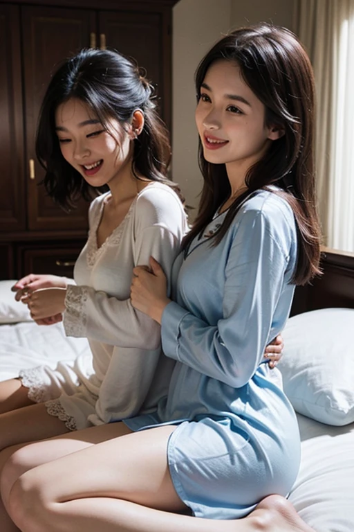 Ultra-realistic、High resolution、High resolution8Kフォトリアリスティック画像。Scenes of Japanese sisters who look completely different。My sister is big, Beautiful Face, Long black hair.、Kind eyes、Elegant atmosphere。my sister is short、Has short brown hair.、Lively expressions、She has a baby face and big breasts、Wearing sexy casual clothes.。The background is a rose like the sun、Glass vase In the bedroom、Warm natural light pours in。Both facial details are clearly visible.、If so、everyone'Individuality。Create photo book-like page layouts。