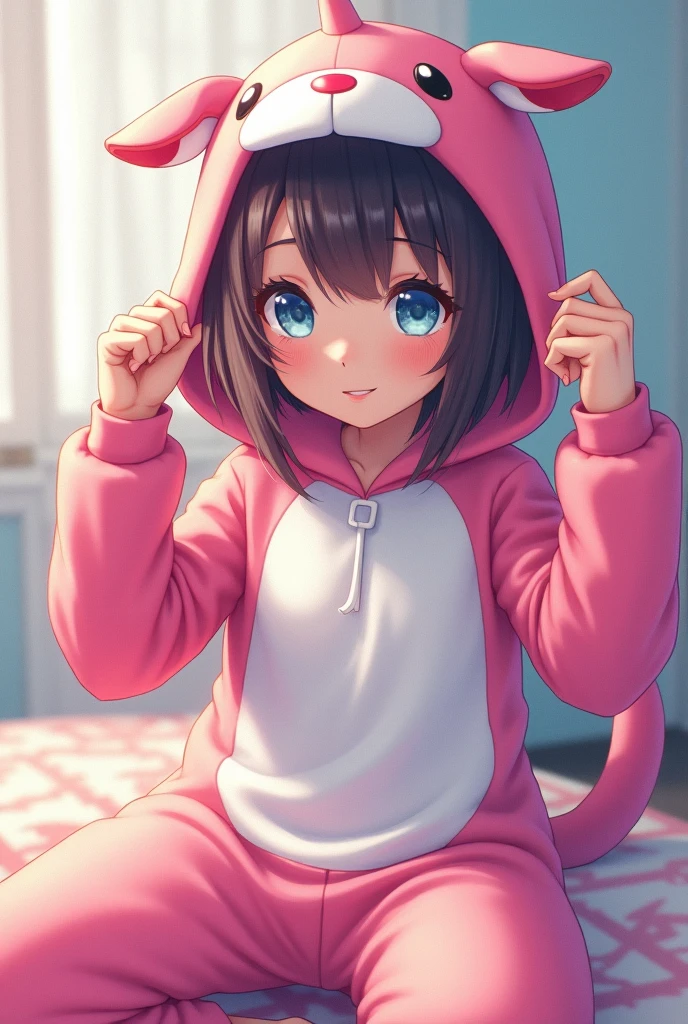 (masterpiece,best quality,ultra-detailed),1girl,short hair, Brown hair,(onesie pajamas, pajamas with hood,pink pajamas,cat hood), beautiful and detailed face, detailed eyes ,(grey theme),in a bedroom
