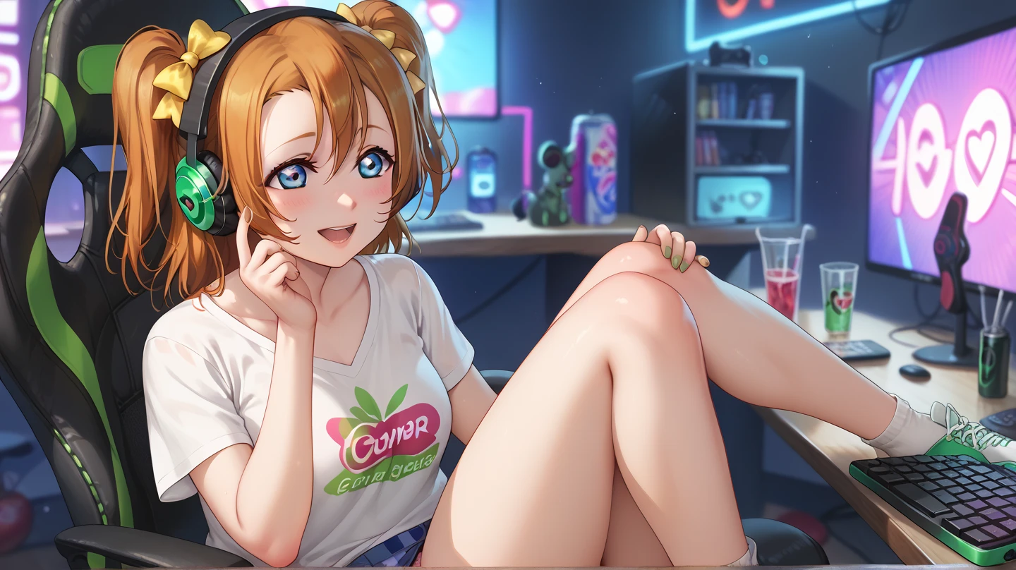 Masterpiece, sksrin, beautiful , facial details, detailed body part details, 8k wallpaper, Rin Hoshizora Love Live, short hair, (most beautiful micro bikini:1.2), thighs, golden bikini , sitting ,crossed legs, holding arcade controller, playing,gamer headphones,gamer room