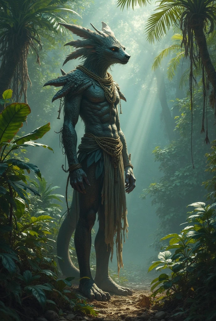 (((Barefoot furry character, full body, cinematic setting, furry male, plantigrade)))
stealthy and agile panther anthro with sleek black fur and piercing amber eyes. Clad in tribal-inspired attire with dart motifs symbolizing curare's traditional use in blow darts. The figure stands barefoot in a dense rainforest setting, surrounded by vines and exotic plants like Strychnos toxifera, used in curare preparation by indigenous tribes.
BREAK, detailed background, 8K, (masterpiece:1.5), intricate details, highly detailed, extreme detail, octane render, fine art, best quality, highres, (detailed face:1.5), ((full_body)), UHD, (((perfect hands))), low light