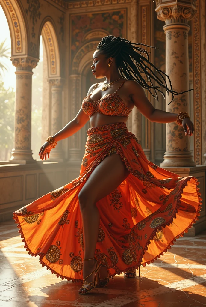 long exposure photo of a sexy tall girl as African dancer in motion, full body, wilderness dancer dress, dancing in the moon night, shiny porcelain skin, few animals behind, focus on the girl, soaring the sky, blurred edges, (low angle)++, below view, slow shutter speed motion photography, whirl dust trail behind, shot on FujiFilm XT4 camera f/2. ISO 200, dynamic motion, cinematic movement, blurry edges, super detailed, perfect face, perfect motion, side view, best quality, dust trail along the motion with a fire element transition movement of color background