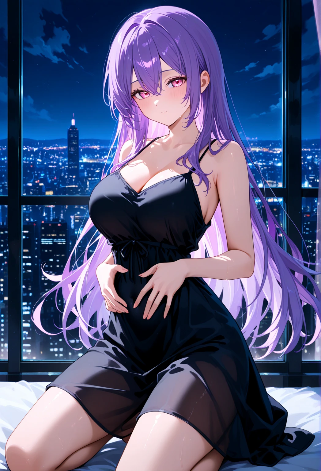 1girl,solo,simple background, huge breasts, purple heart promise, black dress,sitting on sofa , blush,no_panties, barefoot,light smile, hand on own chest,