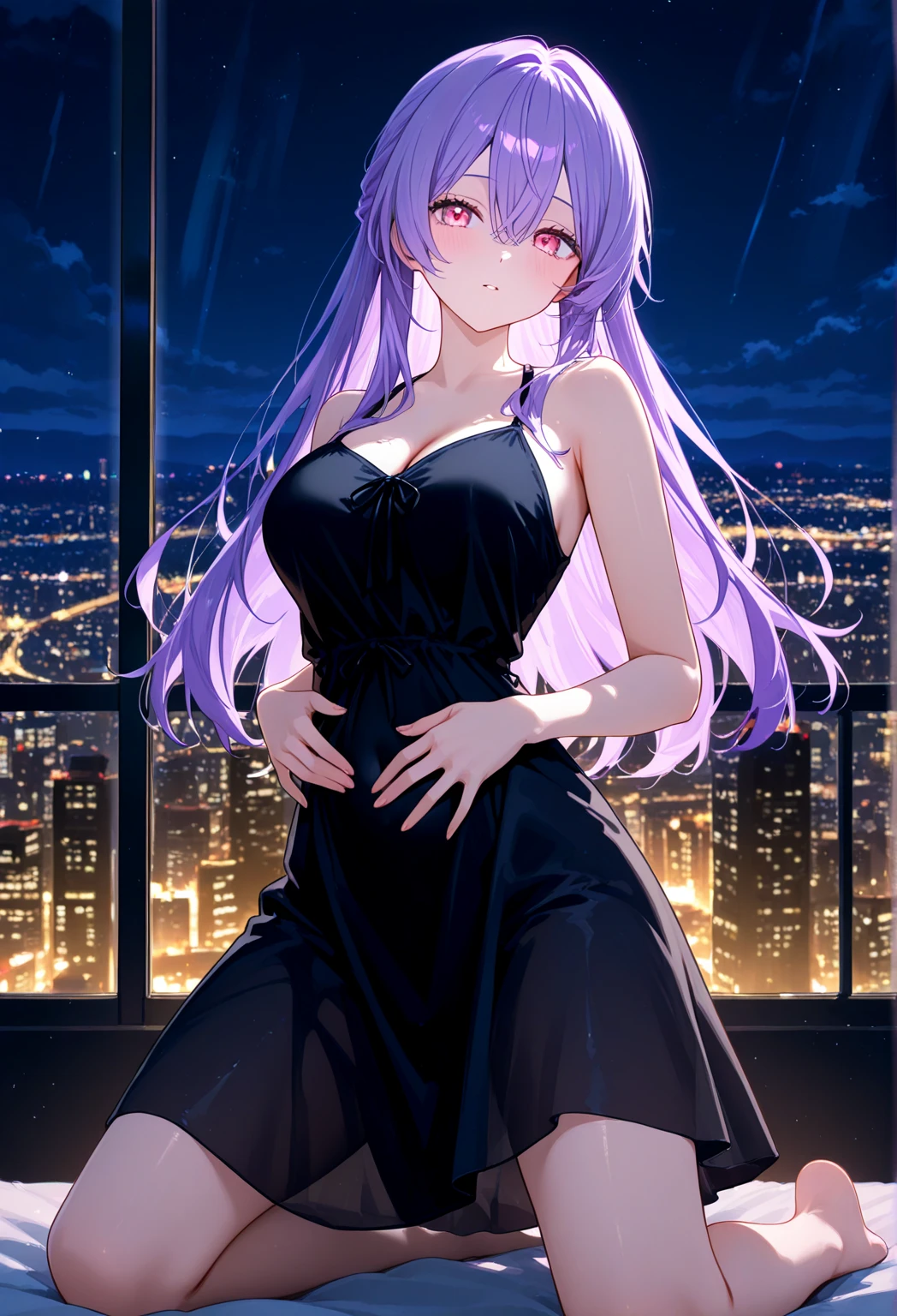 super high quality, (8k, RAW photo, realistic), cute woman, amorous expression, lewd expression, shining blue big eyes, (flat chest:1.5), slender, red big thick lips, wearing (cute casual and loose fluffy girly knit clothes), sexy lace lingerie, skirt lift, background night observatory, (magnificent view:1.5), iridescent, professional flare lighting