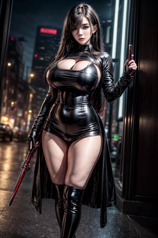 Full body, beautiful black eyes, blush, cute face, (1 cute woman, solo: 1.1), lips, gigantic breasts, beautiful background, black hair, black dress, black elbow gloves, black high heel boots, naked shoulders