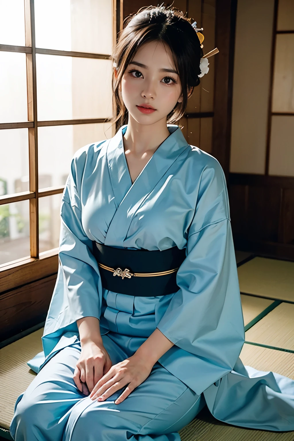 Inside the palace,Young Japan woman in dress,Big eyes,Dress with open chest、Sitting in a chair、