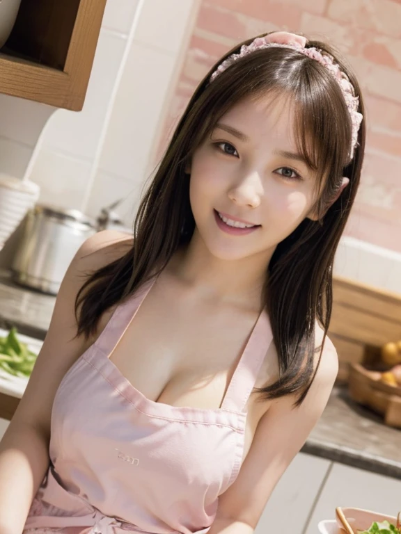 Cute like an idol、Cute and adorable、A girl with a young face、Smiling Kindly、Naked with only an apron on、Naked under the apron、Cleavage、(kitchen)、whole body、Accurate、Anatomically correct、Textured skin、Very detailed、 Attention to detail、Highest quality、High resolution、Genuine、Indistinguishable from live-action、realism、Real Stick、RAW Photos、Genuine、masterpiece