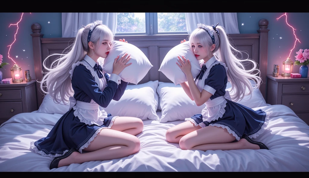 Japan woman, photo quality, masterpiece, top quality, gal nurse, white nurse uniform, fluffy nurse clothes, bra visible from breasts, silver hair, bunched hair, happy expression, lesbian couple, hugging, kissing, hugging, on the summer bed, angle from above, angle from ceiling, (50mm Sigma f/1.4 ZEISS lens, F1.4, 1/800s, ISO 100, Shooting: 1.1), (Big: 1.1), (Realistic: 0.8),