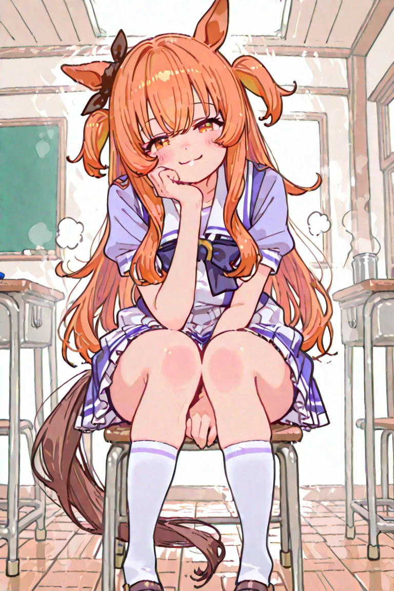 (masterpiece, highest quality, perfect face:1.4) looking at the viewer , walk along a corridor , full body, smile, blush, Copano Ricky \(Umamusume\), white stockings, vestige , purple shirt, pleated skirt, Plump short sleeves, white skirt, plump sleeves, summer clothes, ruffle skirt, sailor collar, sailor shirt, mini skirt, indoor ruffles, School, high School, corridor, 、 、Kindergarten children、、6 years old、、 of、one person、big breasts、nipple、Clothes are transparent、squat with legs apart、blush、lace panties,Underwear is transparent、Clothes are transparent、Mushy white love juice、Drip a large amount of love juice