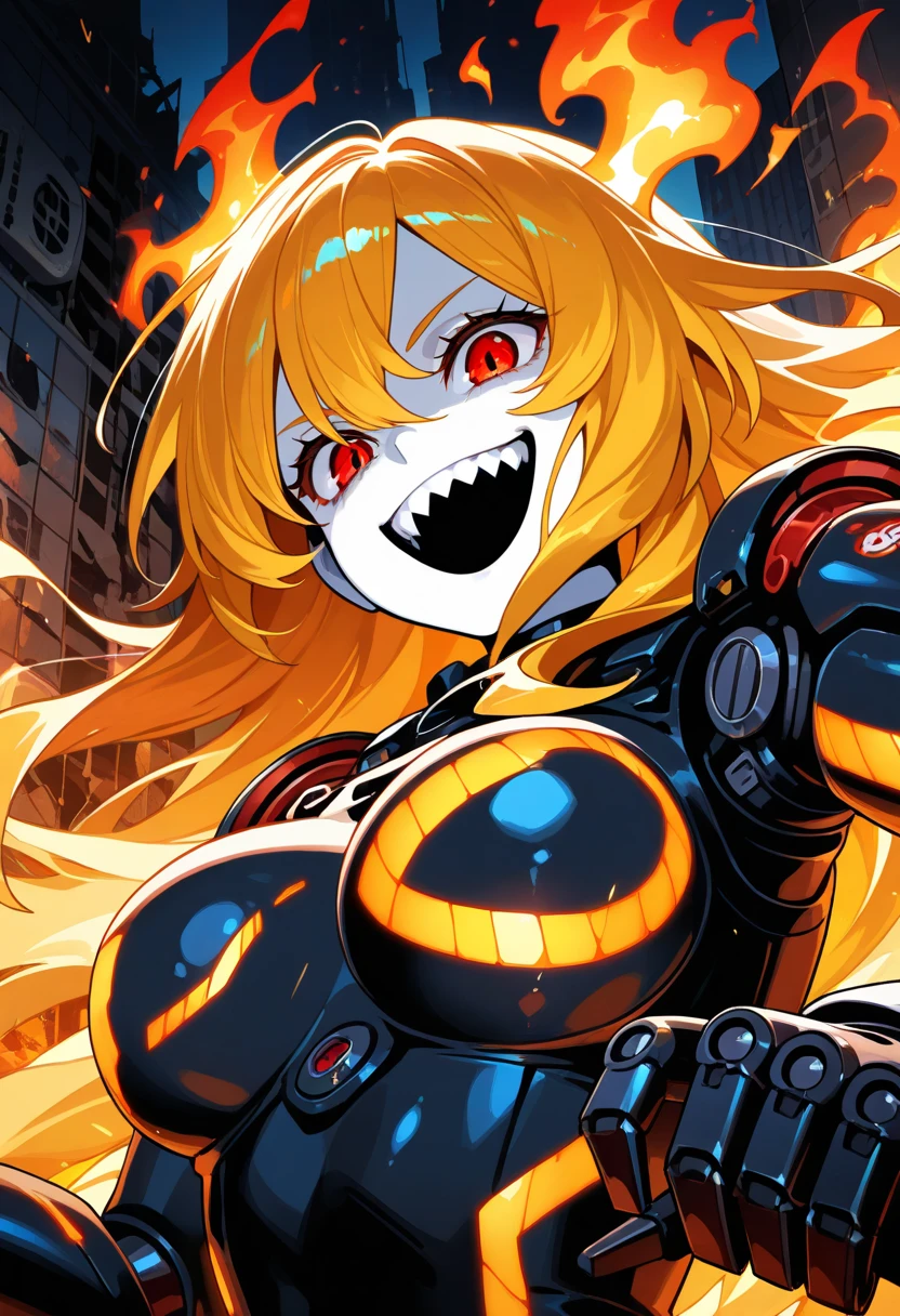 sinozick style, fiery aura, 1girl, cyberpunk, dark theme, metal mask, metal three quarters face mask, solo, cyborg, skull, looking at viewer, multi-colored hair, white eyes, bloody, large breasts, claws, "sinozick style", "g4n1m3",<lora:AddMicroDetails_Illustrious_v3:0.5>, addmicrodetails,