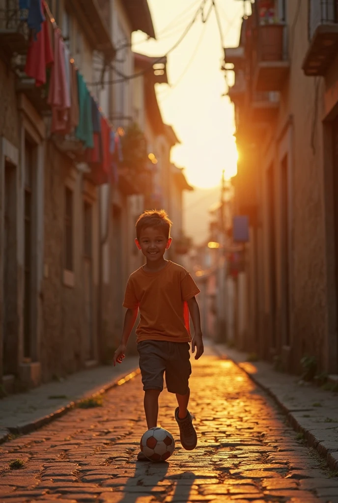 child playing in the street, com olhar inocente, paisagem no fundo linda.