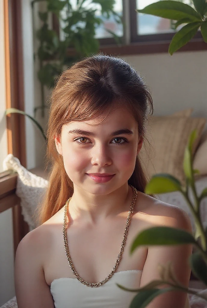12 year old girl with medium length brown hair, children's pigtails hair, Caucasian facial structure, a beautiful smile on her face and a deep look, she in a short tight red dress, bare shoulders, visible nipples, marked nipples, she in a dark garden lit by candles, full body view