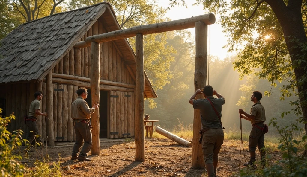 An image that depicts Noah and his family working together to build the Ark, with tools and wood around it.