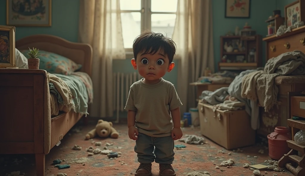A MAN entering a house (anime theme with childish horror and flawed features, looking like it was a human who did it)