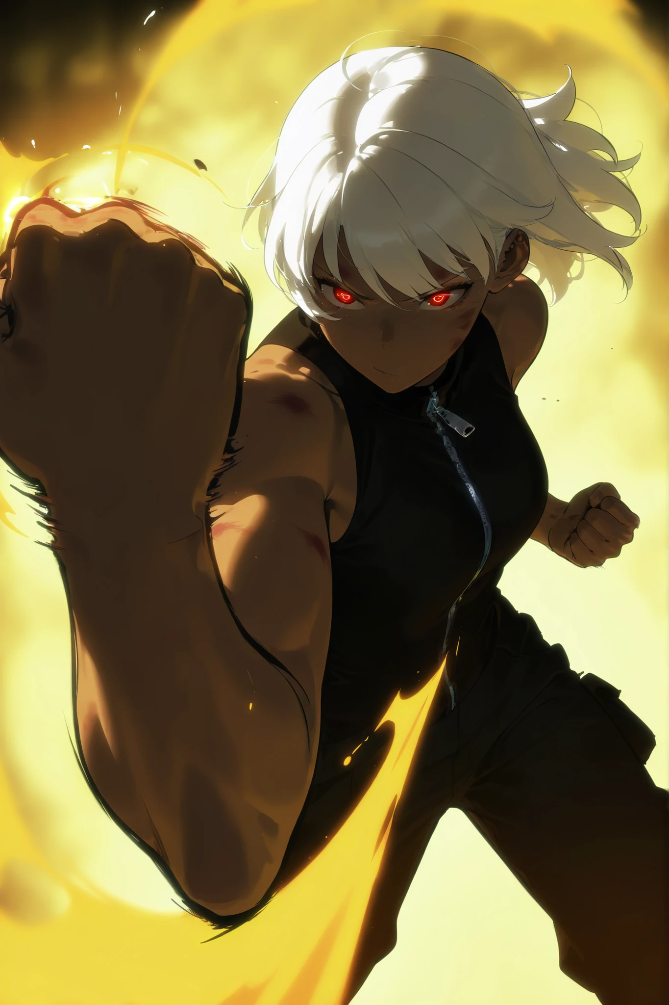 Beautiful, athletic body, toned body, alone, female, kneed lenght white hair, red black eye, tanned, black and white sleeveless turtleneck shirt with a red zipper, black cargo pants , intricate sketch, expressive eyes, nose and mouth, punching pose, bruised fists, 2d, solo leveling art style