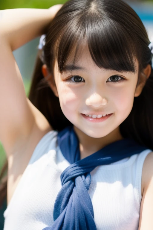 lens: 135mm f1.8, (highest quality),(RAW Photos), (Tabletop:1.1), (Beautiful 9 year old Japanese girl), Cute Face, (Deeply chiseled face:0.7), (freckles:0.4), dappled sunlight, Dramatic lighting, (Japanese School Uniform), (On campus), shy, (Close-up shot:1.2), (smile),, (Sparkling eyes)、(sunlight)