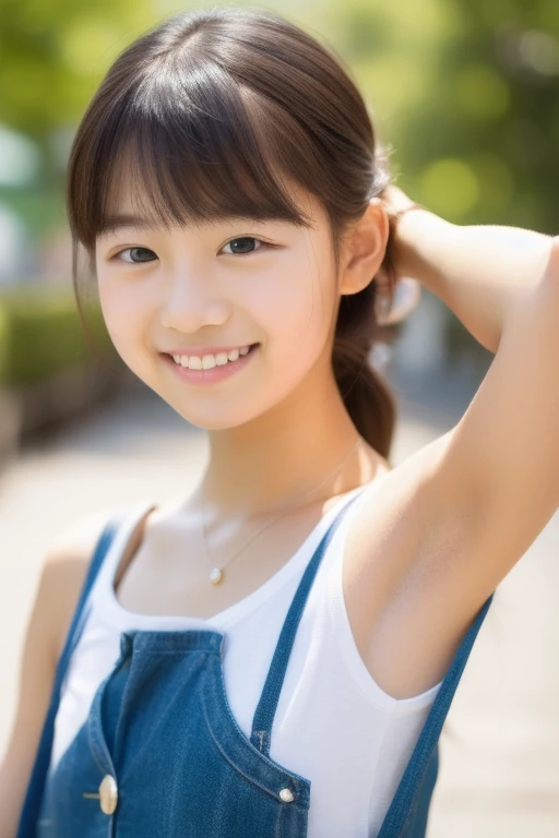 highest quality, High resolution, realistic pictures, detailed skin texture, (Cute 10 year old Japanese girl wearing a white camisole), shy, towards the camera, slim body shape, (flat chest:1.5), charming gaze, Fair skin, baby face, smile showing teeth