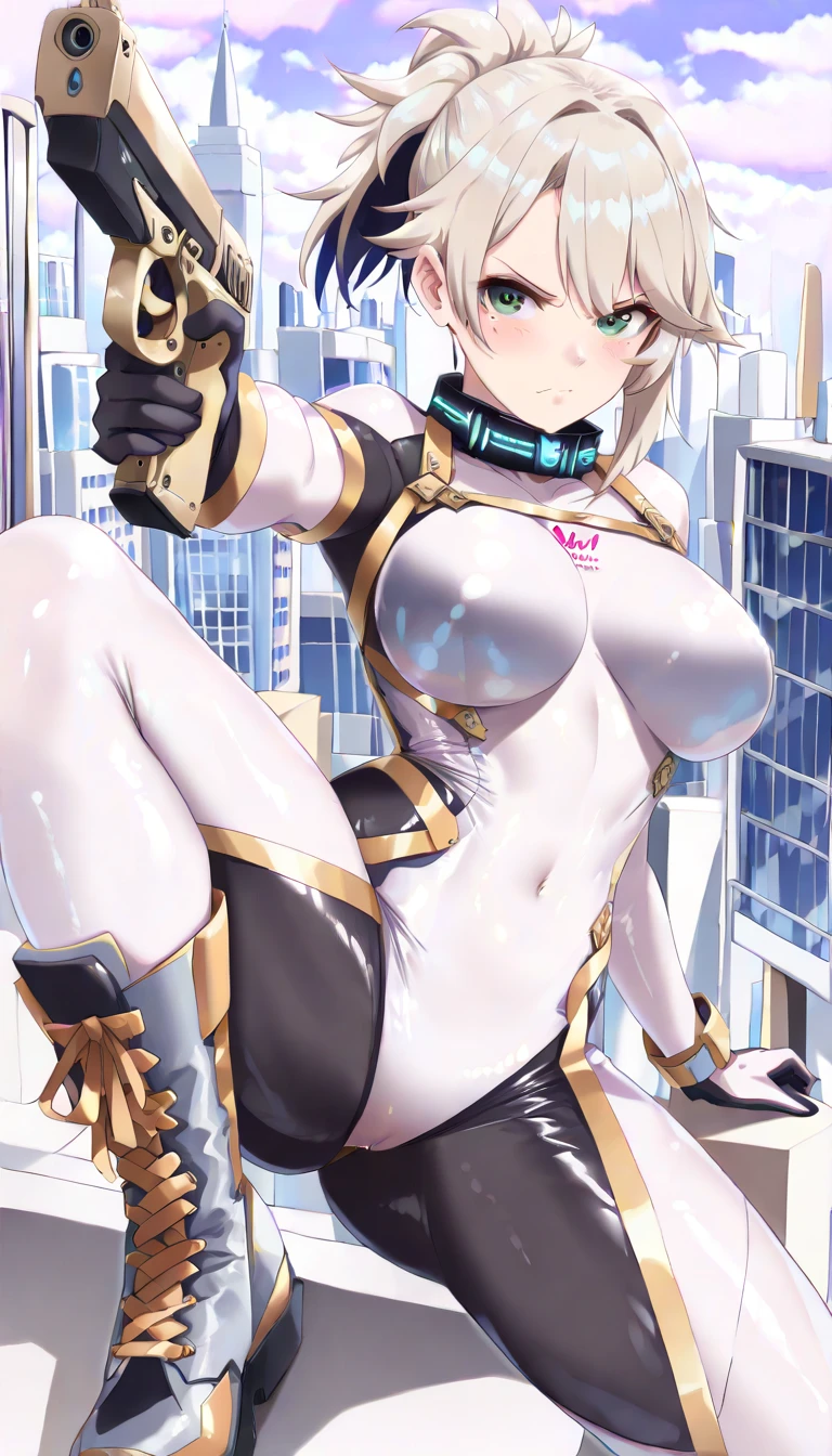 top-quality、supreme1People Girls,hightquality,A detailed face、A detailed eye、Detailed nose、Detailed mouth、 Beautiful expression, ((masuter piece)), ((High resolution)), ((Best Quality)), detail, (NSFW:1.4 ,cum faced、Excited face.Very happy,), ((Skin shiny with sweat)), (highleg leotard:1.3)、 girl with, a blond, (Half Twin Tail)、Standing figure、fair white skin:1.3、、Smaller chest, cinmatic lighting, perfectly shaded,((On top of the building)), Realistic lighting with shades,Reflecting the whole body:1.4
