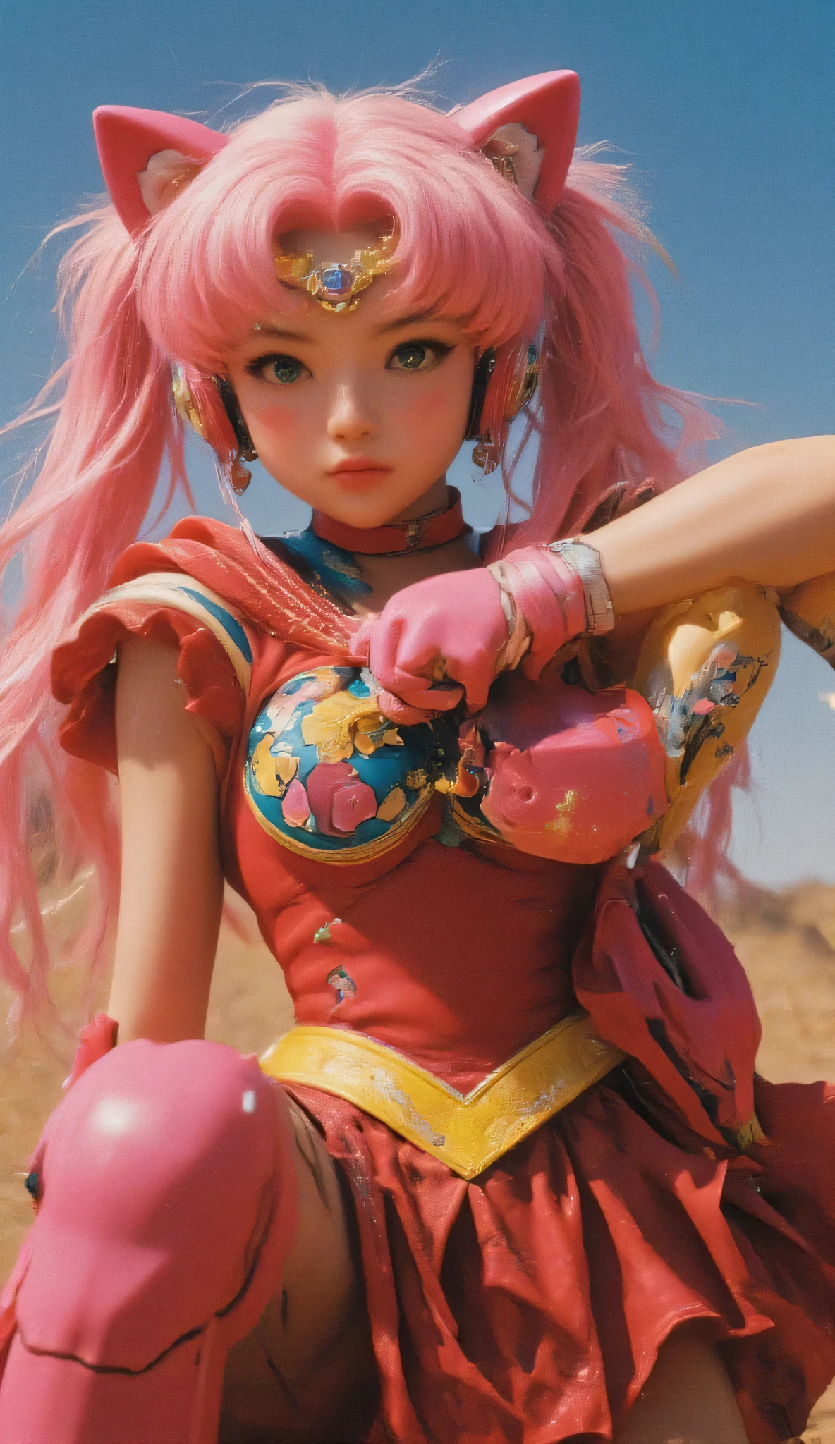 cute girly robot sailormoon, colorful flower golden pattern on red body, headset ear cat's, armed with heavy weapons on body, kawaii mood, Joints and gaps glowing pink. Riding the cheetah.hardcore machine. newest anime style,cute pop simple background.vivid color.punk accessories